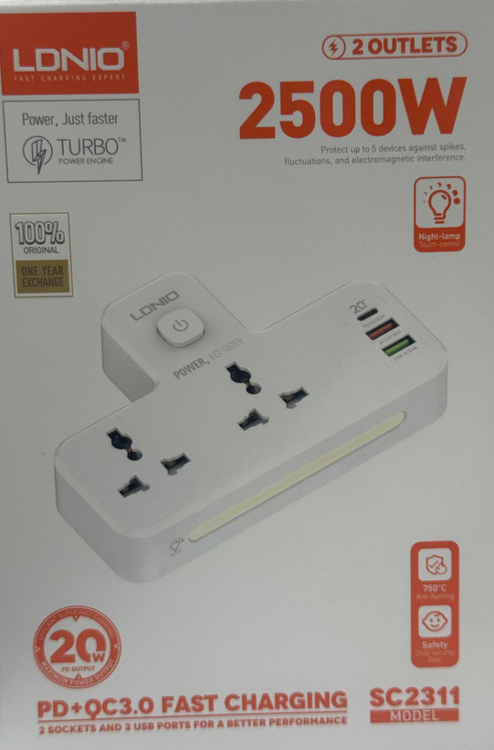 چندراهی برق الدینیو مدل SC2311 با ۲ خروجی و ۲ متر کابل