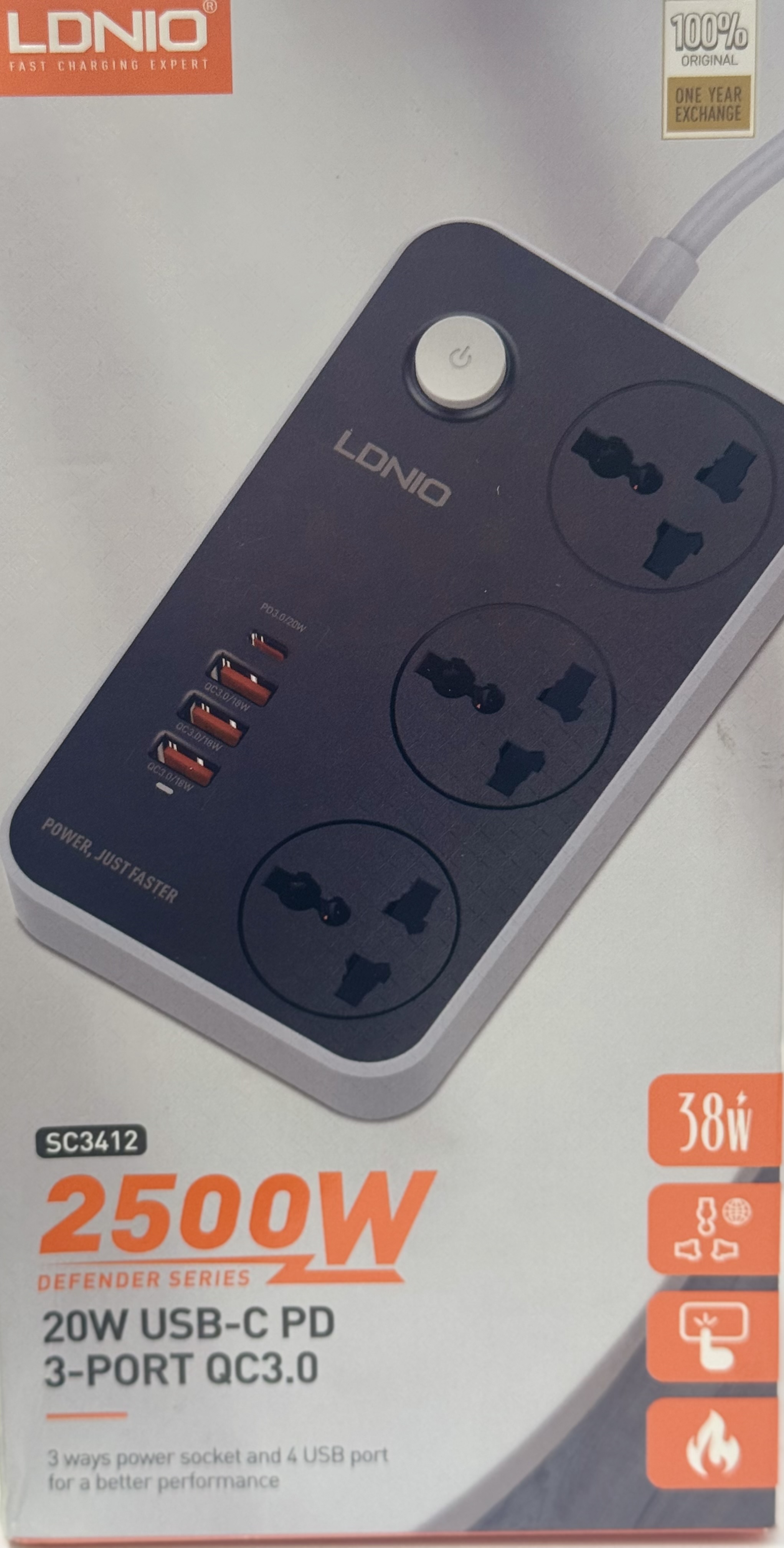 چندراهی برق الدینیو مدل SC3412 ارت دار با کابل ۲ متری و ۳ خروجی
