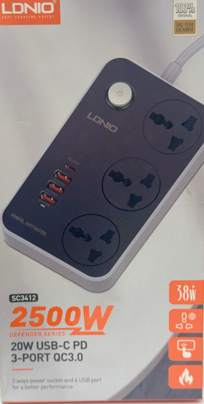 چندراهی برق الدینیو مدل SC3412 ارت دار با کابل ۲ متری و ۳ خروجی